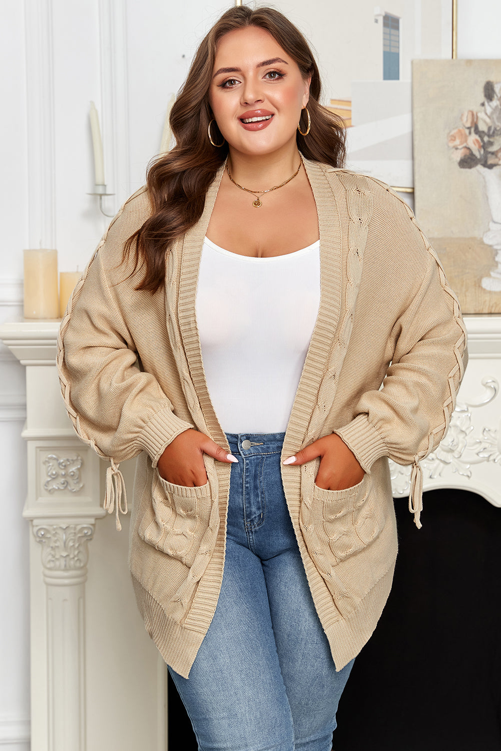 Parchment Cable Knit Braided Tie Sleeve Plus Size Cardigan Dear-Lover Dropshipping